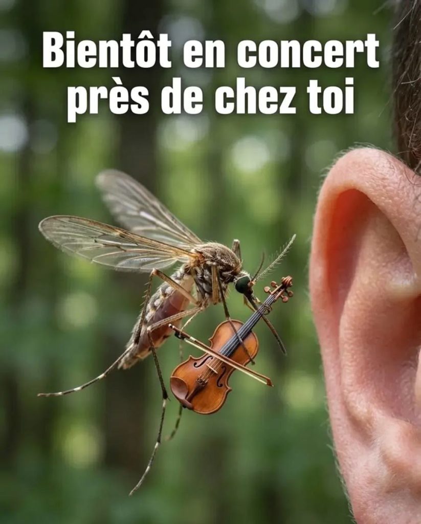 Funny French meme showing a mosquito holding a tiny violin and bow, flying next to a human ear. The text reads "Bientôt en concert près de chez toi" (Coming soon to a concert near you).