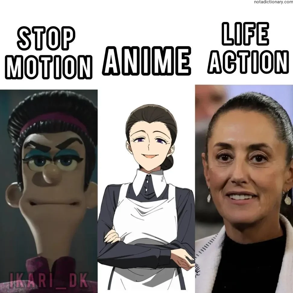 A comparison meme showing three panels labeled 'STOP MOTION', 'ANIME', and 'LIFE ACTION' representing different animation styles in English.