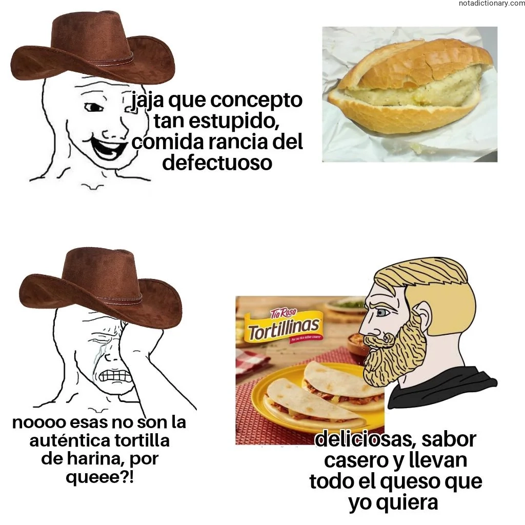 Two panels showing a confused face and a bearded man with food, representing the Spanish phrase comida rancia del defectuoso when speaking about defective or rancid food.