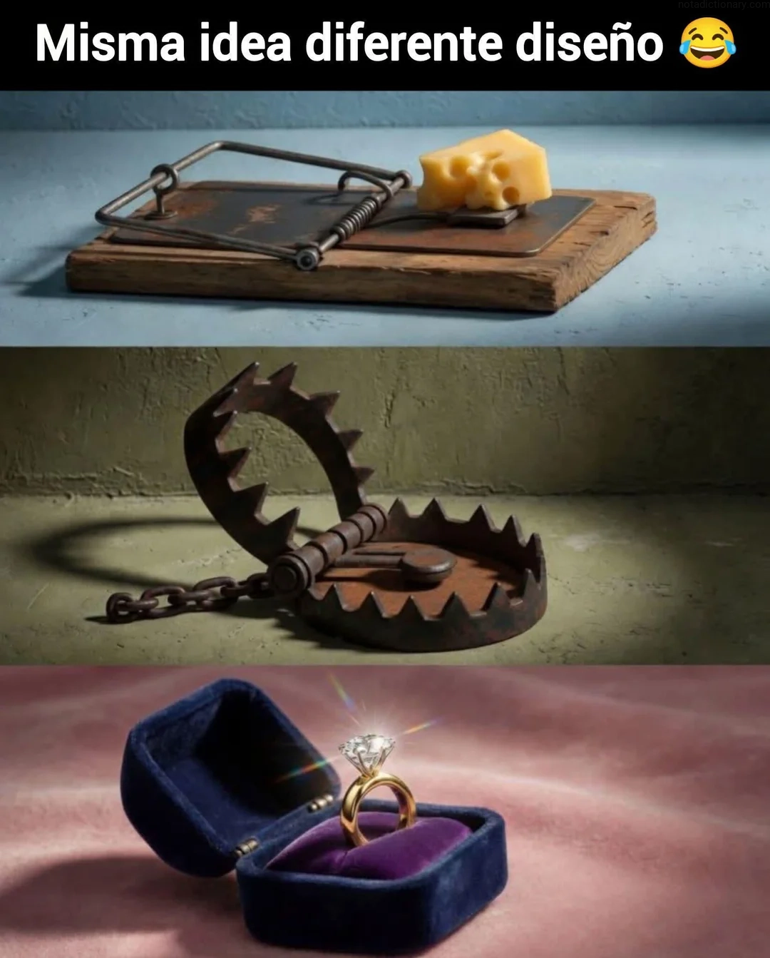 Three traps illustrating the concept of 'same idea different design' with text Misma idea diferente diseño when speaking for learning vocabulary related to similarity and difference