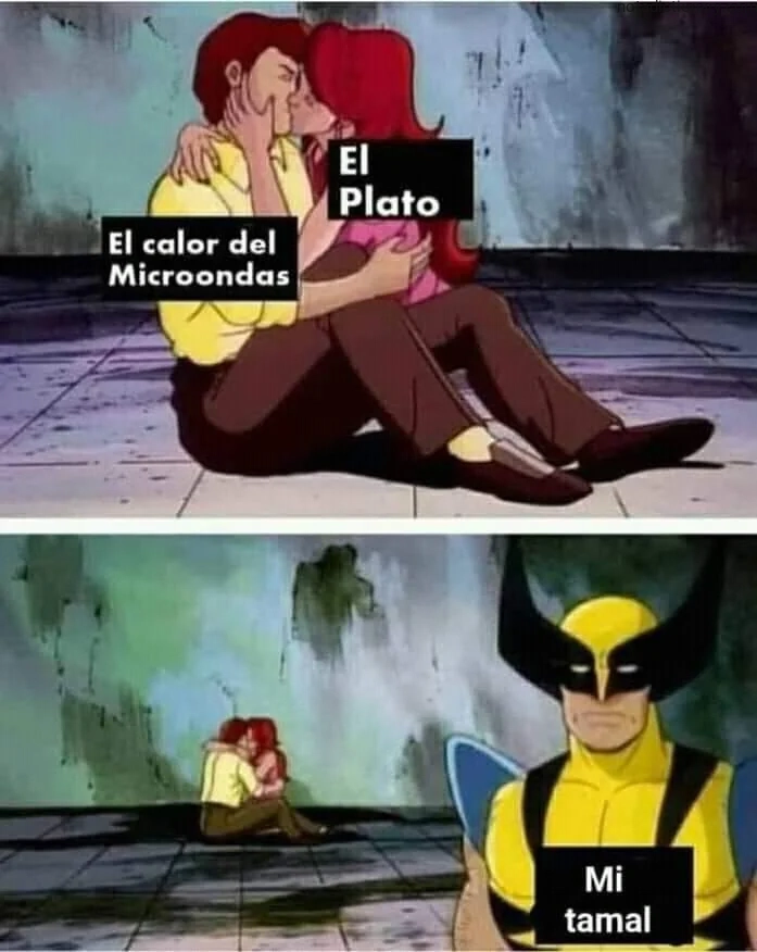 Two panels of an anime character sitting on the floor. Top panel text reads 'El calor del Microondas' and 'El Plato'. Bottom panel shows the character eating a tamal with text 'Mi tamal'. Visual represents learning Spanish vocabulary for food and heating.