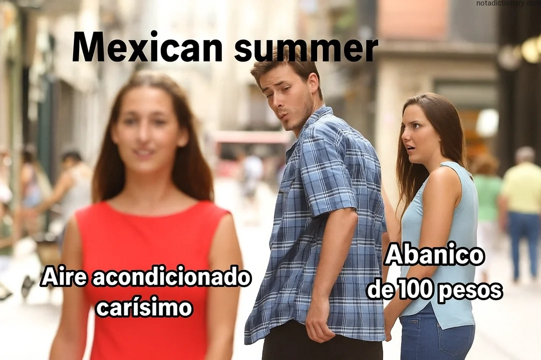 Man looking at cheap fan while expensive air conditioner walks by representing the Spanish phrase aire acondicionado carísimo when speaking about high prices