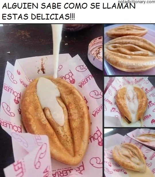 A collage of a sweet pastry with white cream filling, representing the Spanish phrase '¿Cómo se llaman estas delicias?' when asking for the name of a food item.