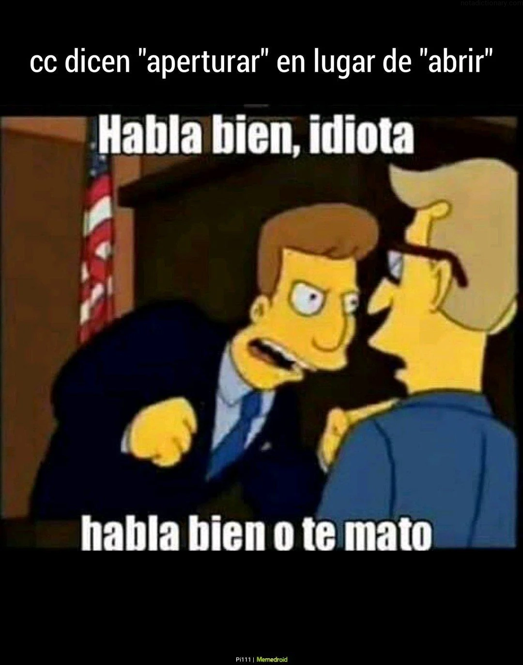 A scene from The Simpsons where a character yells at another to speak properly. Text reads 'cc dicen aperturar en lugar de abrir Habla bien, idiota habla bien o te mato' representing the Spanish phrase correcting the verb usage of 'aperturar' versus 'abrir'
