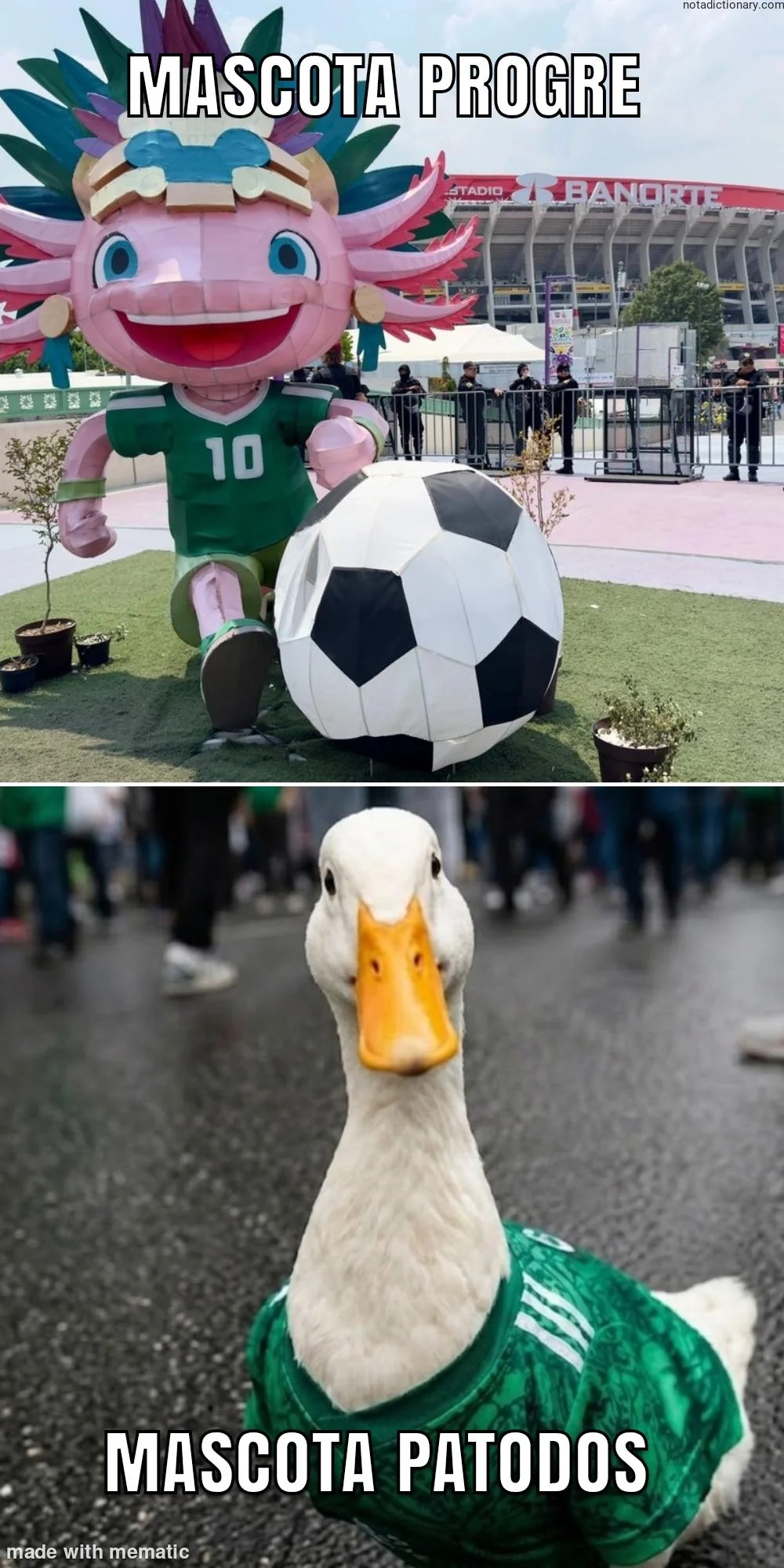 A meme comparing a large pink mascot in a green soccer jersey labeled MASCOTA PROGRE to a duck wearing the same jersey labeled MASCOTA PATODOS, illustrating slang for winning versus losing.
