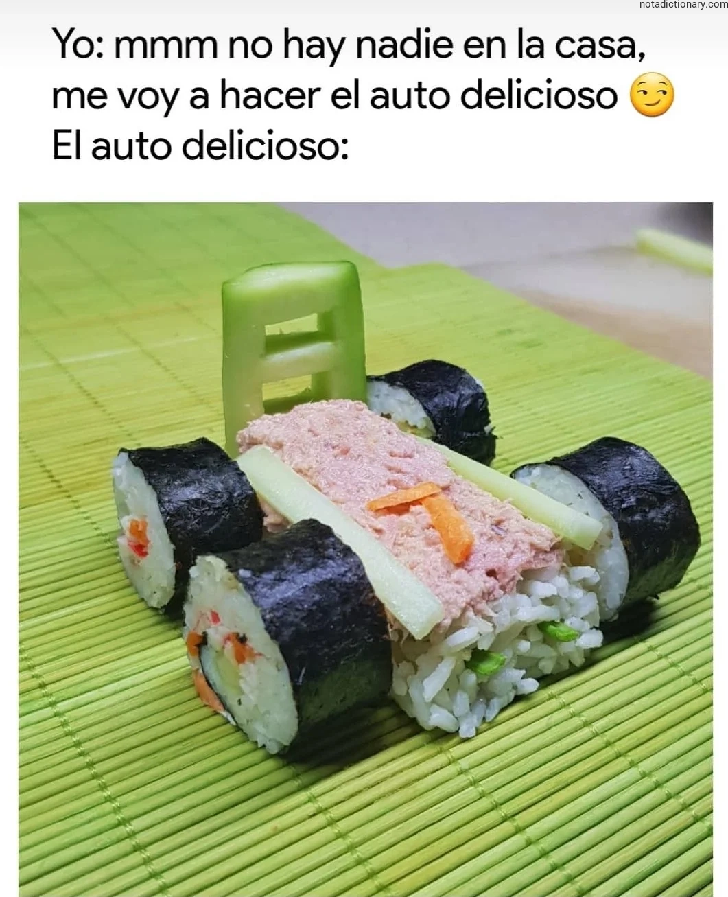 A sushi roll creatively arranged to look like a car with cucumber windows and tuna body representing the Spanish phrase 'el auto delicioso' when speaking for learning vocabulary related to food and objects.
