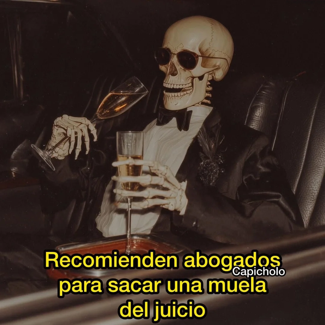 A skeleton wearing a tuxedo and sunglasses holding two champagne glasses, representing the Spanish phrase 'Recomienden abogados para sacar una muela del juicio' when speaking about legal advice for wisdom teeth extraction.
