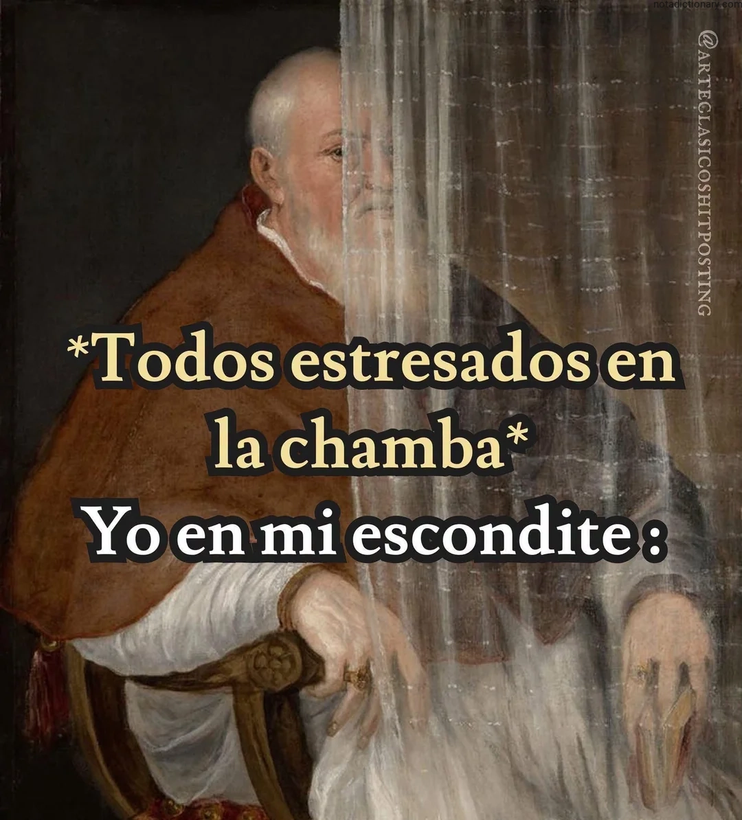 Portrait of an elderly man peeking from behind a curtain representing the Spanish phrase Todos estresados en la chamba Yo en mi escondite when speaking about hiding from stress at work
