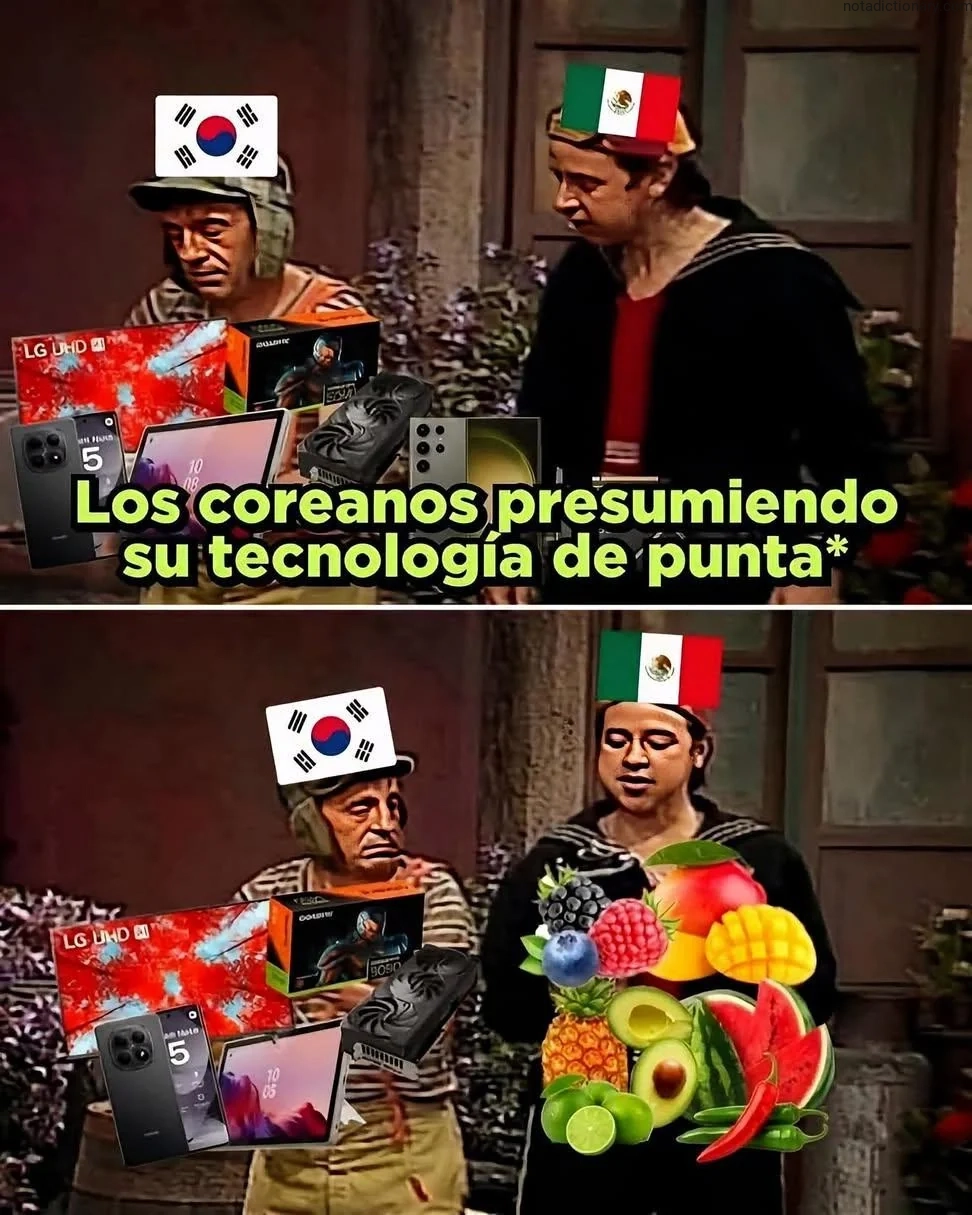 Meme showing a comparison between Korean technology and Mexican food to illustrate the Spanish phrase Los coreanos presumiendo su tecnología de punta when speaking about bragging or showing off.