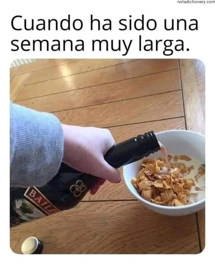 A hand pouring beer into a bowl of cereal representing the Spanish phrase 'Cuando ha sido una semana muy larga' when speaking about a long week