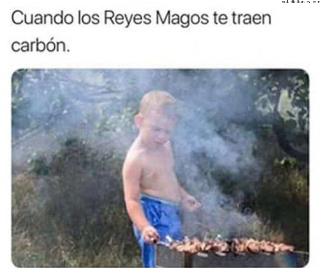 A young boy standing in smoke holding a skewer of meat representing the Spanish phrase 'Cuando los Reyes Magos te traen carbón' which means when the Three Kings bring you coal, used to teach vocabulary about holiday traditions and disappointment.